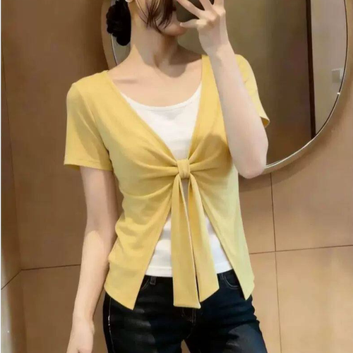 特大码胖mm300斤夏季撞色拼接设计短袖女t恤显瘦设计感假两件上衣