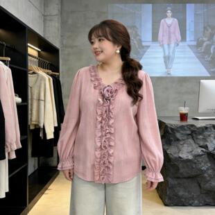 宽松慵懒风衬衫 特大码 胖mm300斤设计感春季 荷叶边长袖 女上衣T恤衫