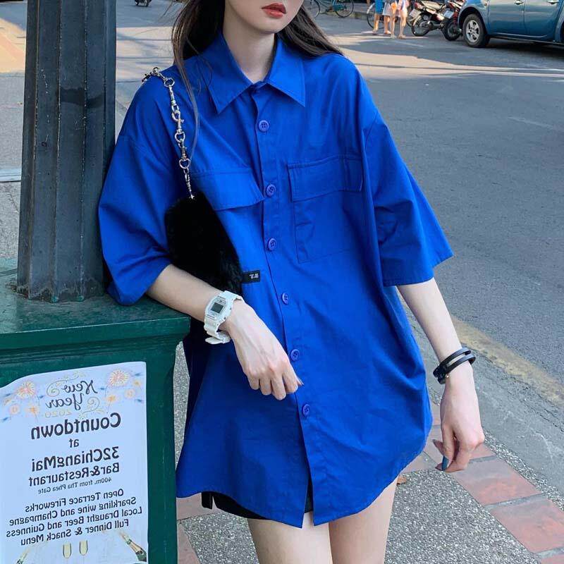 胖mm2-300斤克莱因蓝t恤衬衫女夏季原宿港风宽松大码工装衬衣开衫