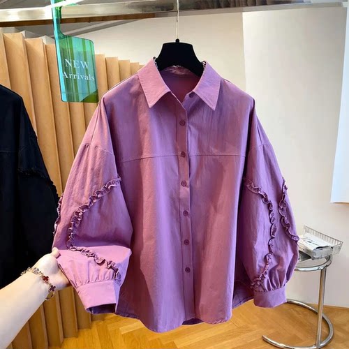 特大码2-300斤韩版高级感长袖衬衫女装胖MM宽松木耳边泡泡袖上衣
