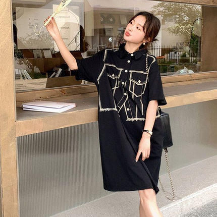 特大码胖MM300斤设计假两件连衣裙女夏季宽松韩系小个子衬衫裙子