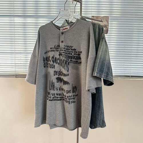 特大码2-300斤美式复古印花华夫格短袖t恤女夏季新款宽松百搭上衣