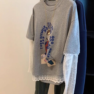 胖MM300斤特大码蕾丝花边拼接长袖t恤夏季新款假两件防晒显瘦上衣