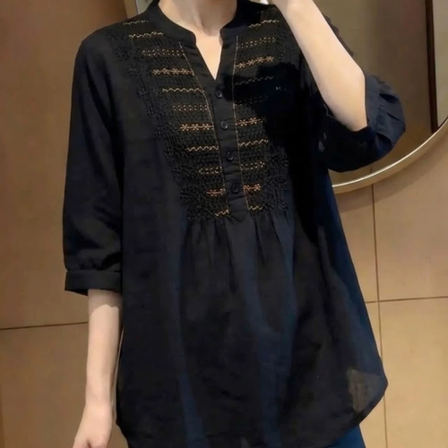 特大码胖mm300斤高级感黑色重工刺绣衬衫女夏季宽松休闲衬衫上衣