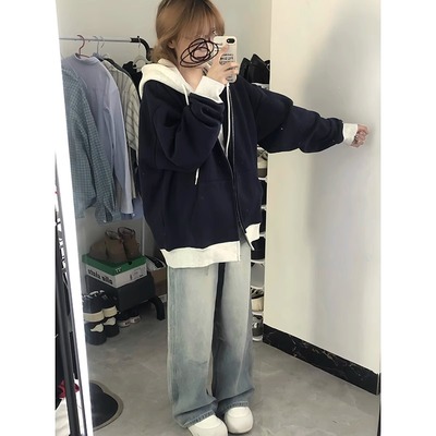 秋季大码胖mm300斤高街潮牌oversiz连帽撞色设计感宽松卫衣女外套