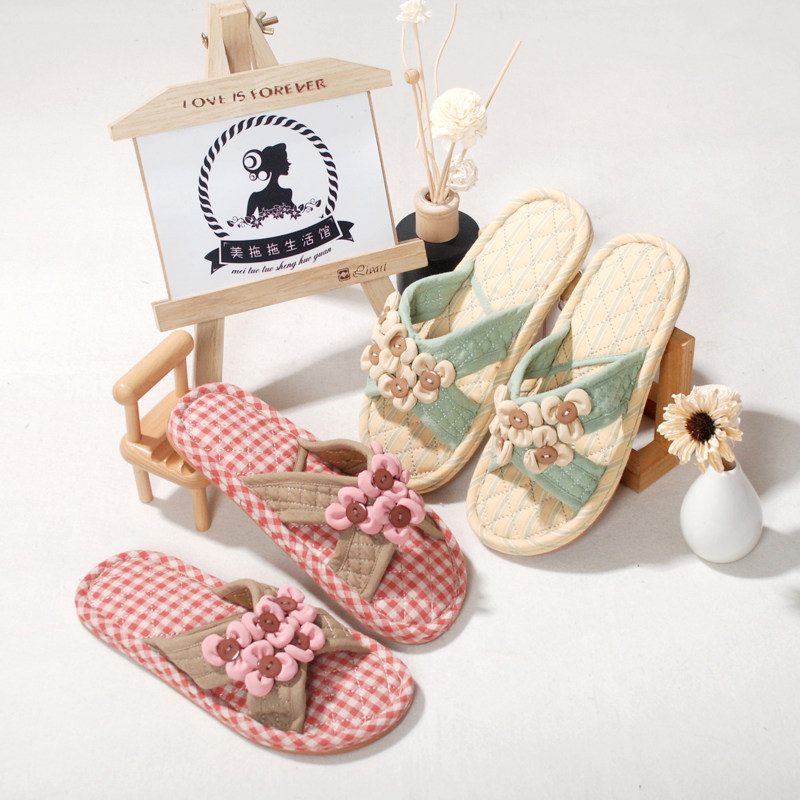 雅格布艺拖鞋女士五朵花家居纯棉布双层加厚防滑牛筋底静音可机洗