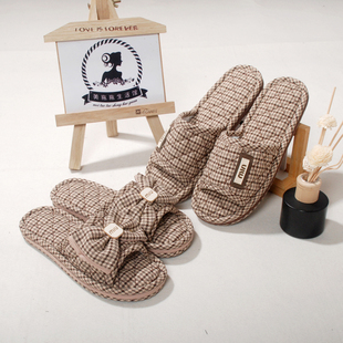 新款布艺蝴蝶结女士家居情侣拖鞋防滑加厚布底地板静音棉布可机洗