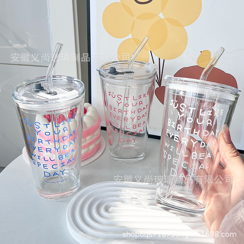 早餐杯带吸管杯创意礼品玻璃杯带盖玻璃杯网红玻璃杯牛奶吸管杯