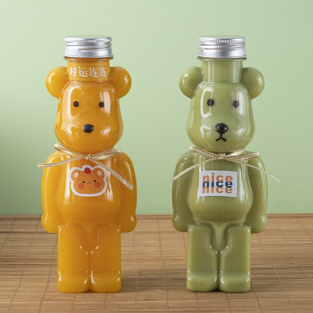 网红小熊奶茶杯子带盖加厚塑料商用一次性果汁暴力熊饮料瓶果汁瓶