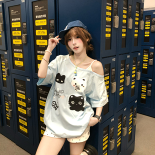 露肩上衣 宽松显瘦短袖 文文不乖美式 猫咪卡通印花斜肩T恤女夏季