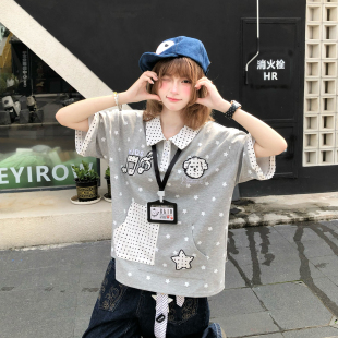 文文不乖美式 POLO领T恤男女宽松情侣上衣 学院星星波点假两件短袖