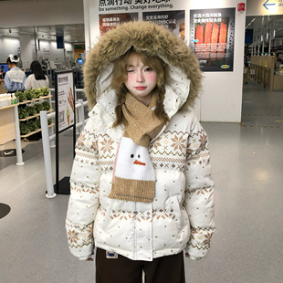 文文不乖冬季费尔岛雪花设计可拆卸连帽毛领棉服女送围巾秋冬上衣