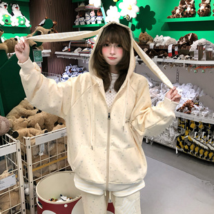 文文不乖美式 卫衣女加绒加厚宽松外套 甜美风碎花满印连帽开衫