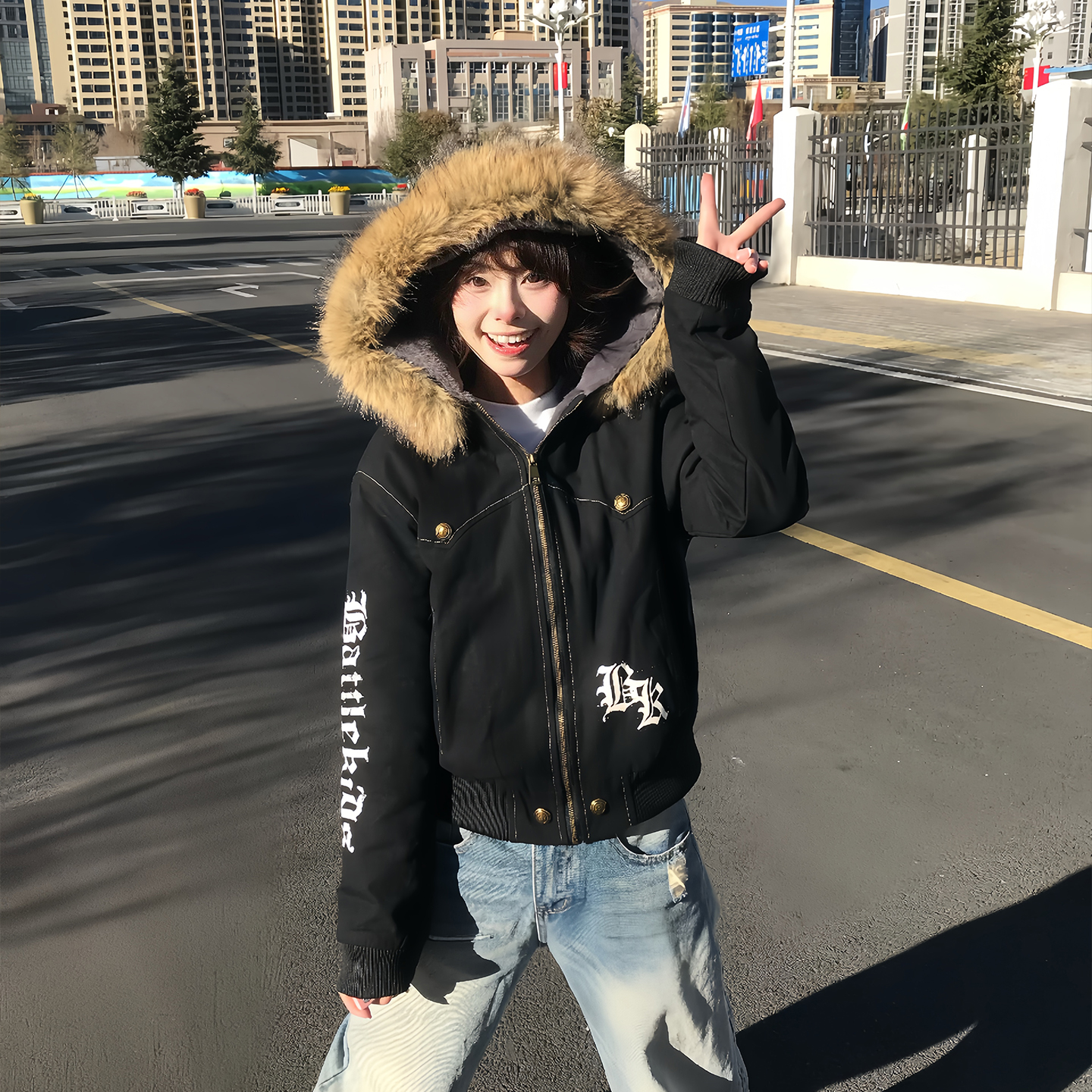 文文不乖原创美式复古美拉德座山雕毛领棉服男女冬季加绒加厚棉衣