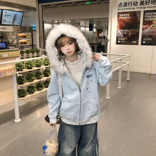 文文不乖原创雪花冰晶刺绣毛领连帽卫衣男女秋冬加绒拉链开衫 上衣