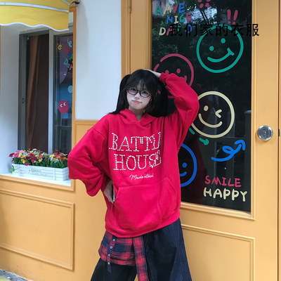 文文不乖原创美式复古小众设计感立体珍珠字母卫衣女高级感外套潮