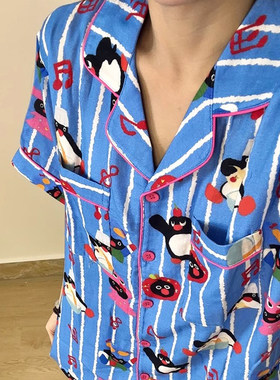 2025年新款蓝色音乐pingu短袖三件套装情侣睡衣春夏季男女家居服