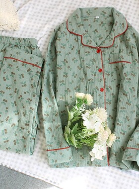 绿色玫瑰睡衣女士春秋夏季纯棉纱布薄款宽松长袖开衫家居服套装