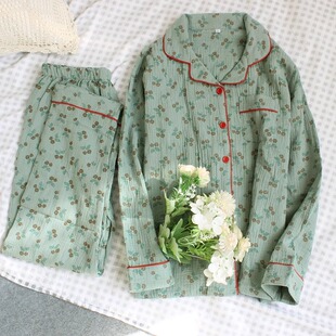 家居服套装 绿色玫瑰睡衣女士春秋夏季 开衫 宽松长袖 纯棉纱布薄款