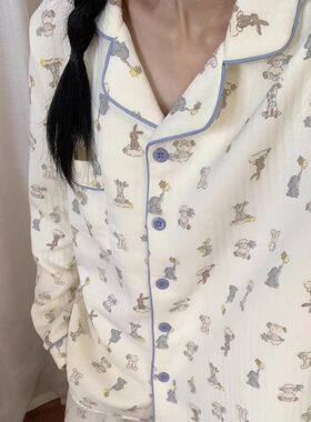 韩版可爱卡通情侣睡衣男女秋冬季新款高级感空气棉加厚套装家居服