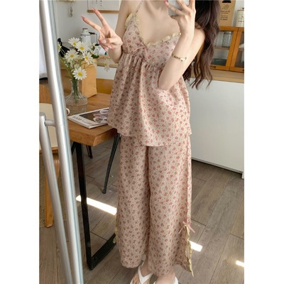 带胸垫小个子日系睡衣女吊带长裤