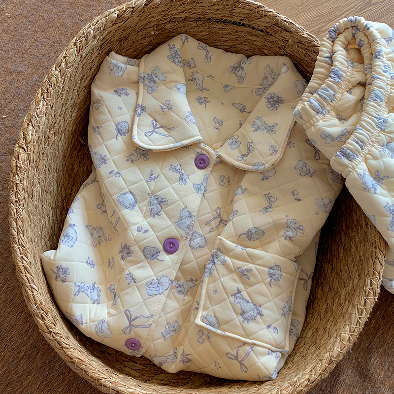 可爱小熊睡衣女款秋冬季空气棉夹层长袖卡通学生甜美家居服可外穿