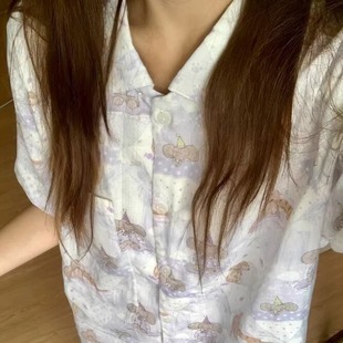 日系ins芋泥紫小象睡衣女可外穿2025新款 家居服短袖 学生可爱套装