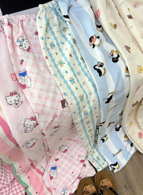 绵绸甜美条纹睡裤女可爱Hellokitty印花宽松慵懒风遛弯裤长裤夏季