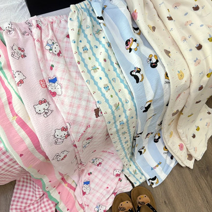 绵绸甜美条纹睡裤女可爱Hellokitty印花宽松慵懒风遛弯裤长裤夏季