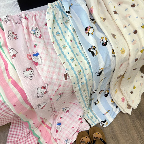 绵绸甜美条纹睡裤女可爱Hellokitty印花宽松慵懒风遛弯裤长裤夏季