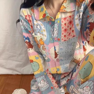 多巴胺格子休闲学生睡衣女春秋款 可爱卡通韩版 长裤 家居服套装 长袖