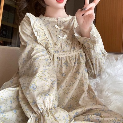 法式ins甜美蕾丝圆领睡衣女款春秋季长袖长裤休闲碎花家居服套装