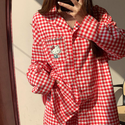 卡通睡衣女春秋季长袖长裤套装ins格子Hellokitty学生家居服新款
