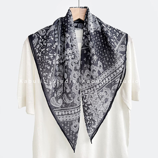 黑白腰果花复古小方巾丝巾女搭配衬衫护颈围脖子领巾薄纱巾围巾70