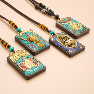 藏族西藏檀木唐卡吊坠男项链护身符本命佛黄财神佛牌镶嵌饰品挂件