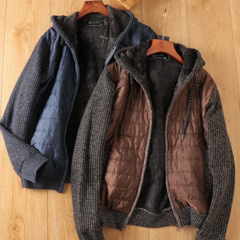 秋冬加绒夹棉加厚连帽针织外套男