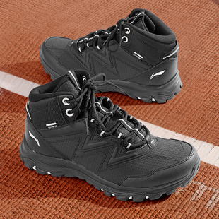 李宁男子加绒户外休闲鞋革面高帮冬季新款保暖缓震防滑运动鞋男鞋
