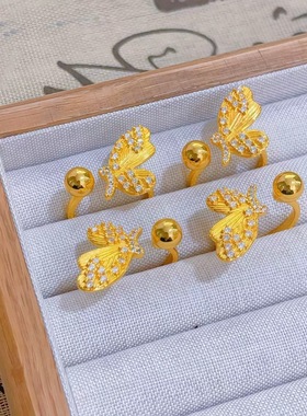 圆珠镶钻半边蝴蝶开口戒指 时尚高级感蝴蝶指环