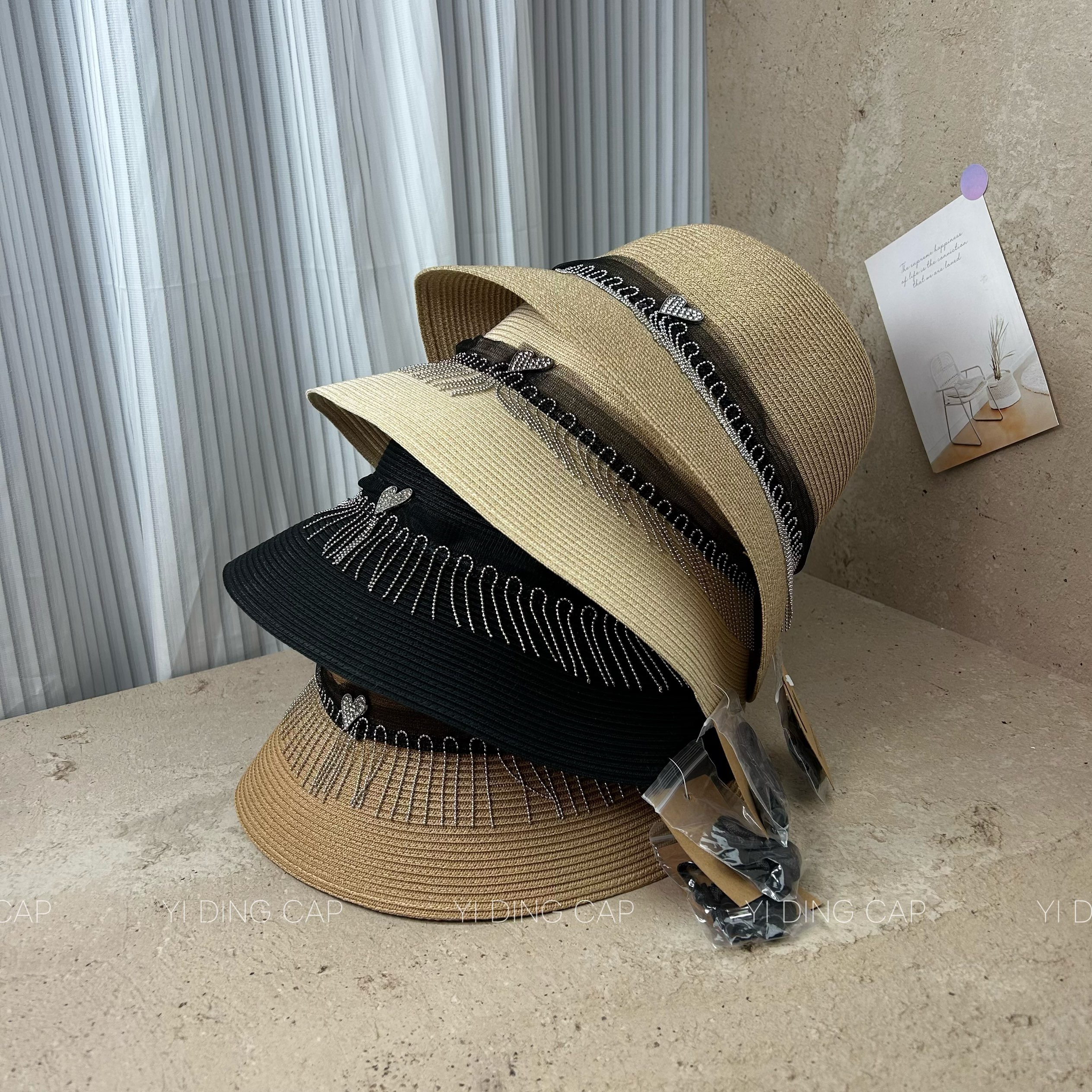夏季仿麻爱心流苏防晒渔夫帽女