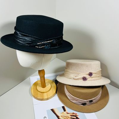 法式贡缎镶钻真丝麻花朵羊毛礼帽