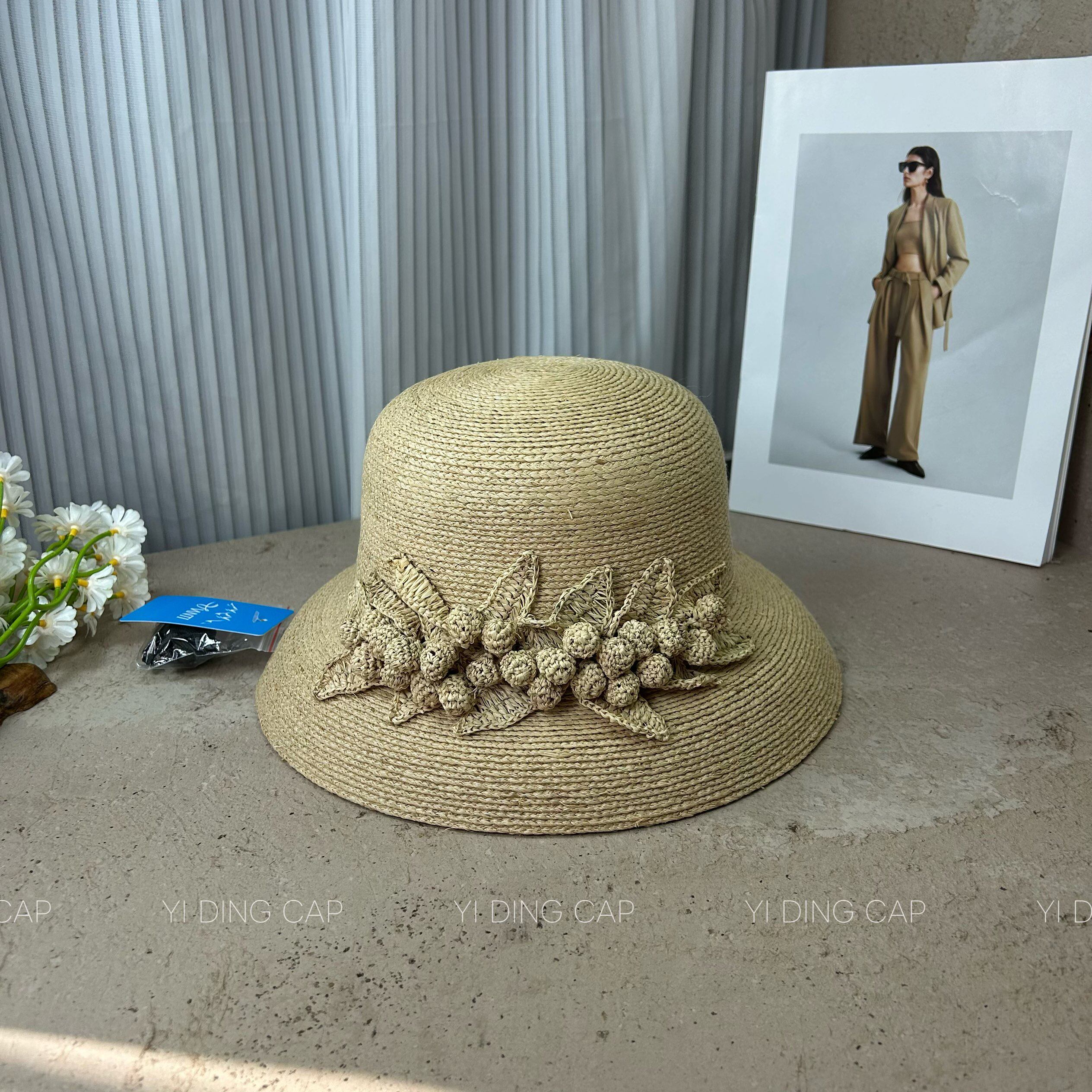 拉菲草0.5辫子-手工钩针花朵浆果装饰渔夫帽女夏季轻奢遮阳草帽潮