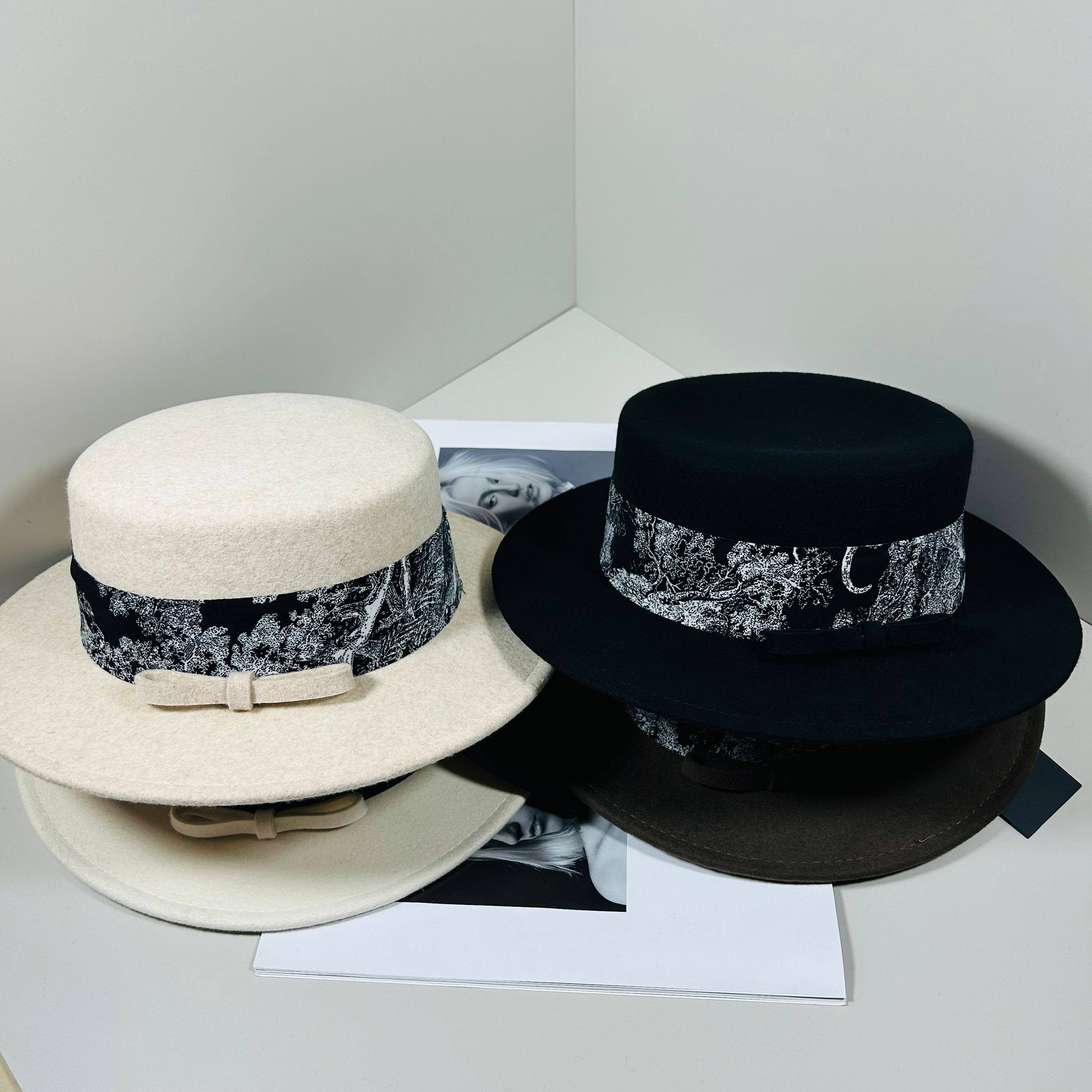 复古优雅简约风纯羊毛平顶帽女秋冬百搭显脸小礼帽保暖爵士帽毡帽