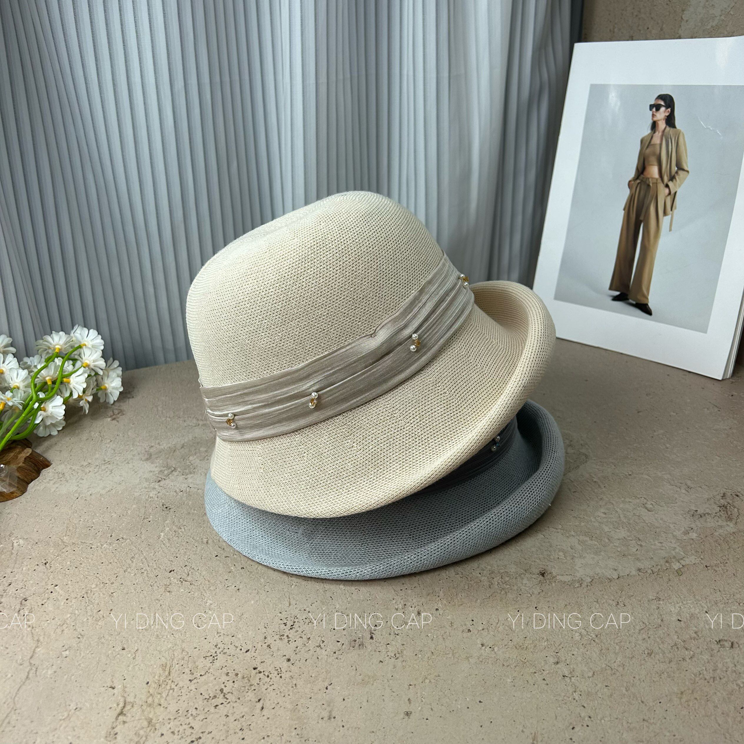 日系天丝缎带空气卷边渔夫帽子女夏季防晒针织帽高档亚麻混纺盆帽