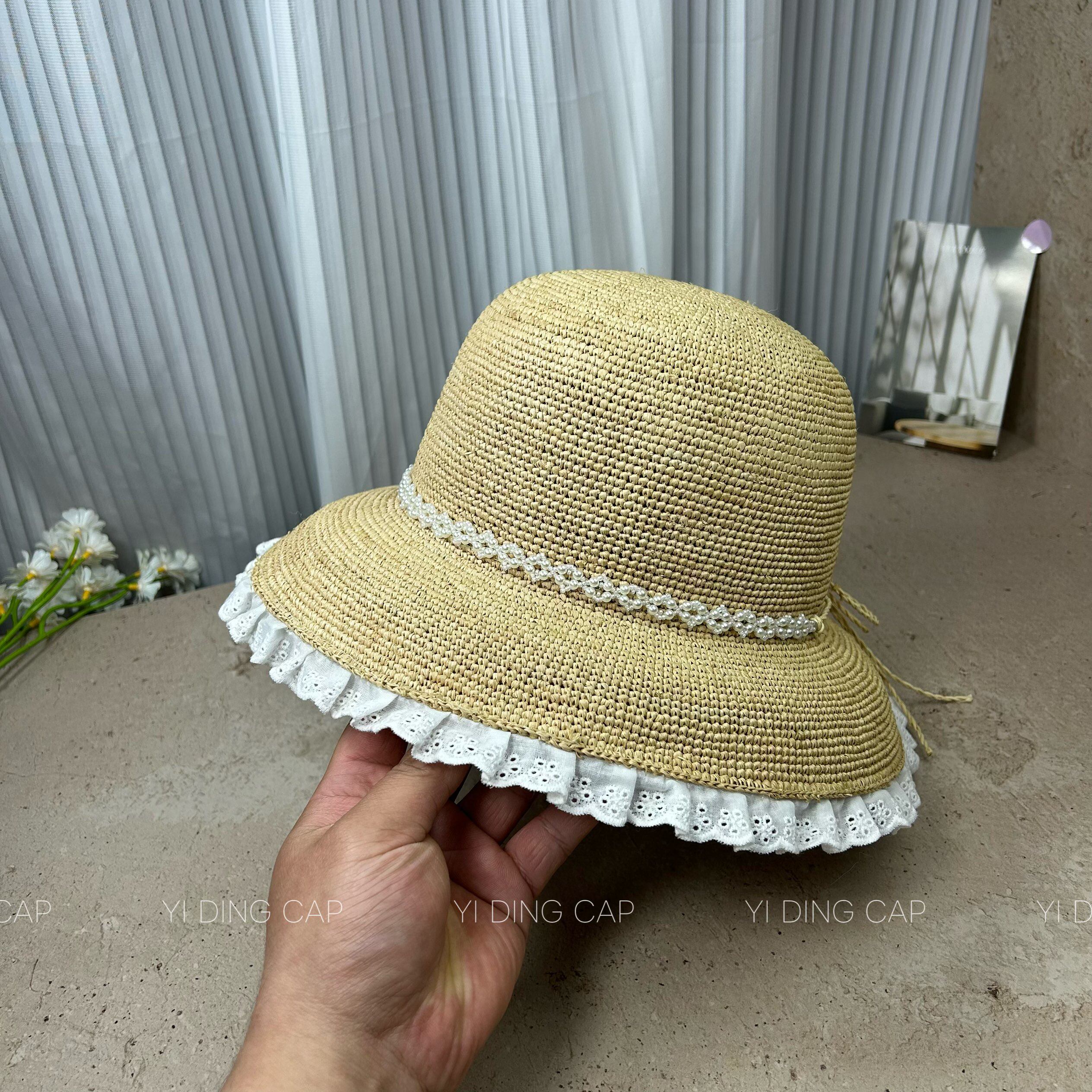 夏季优雅珍珠绑带遮阳渔夫帽女