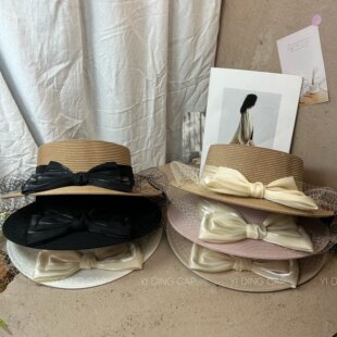 法式优雅绸缎蝴蝶结蕾丝装饰草帽女夏季新款遮阳防晒帽出游平顶帽