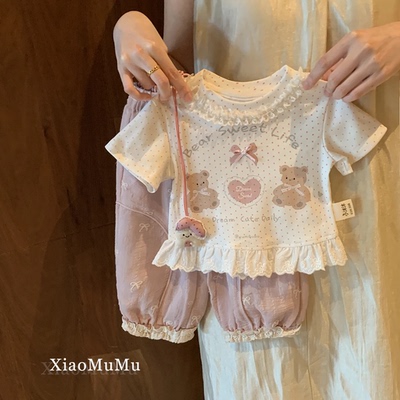 女童洋气套装夏天2026新款中小童宝宝蕾丝卡通短袖防蚊裤子两件套