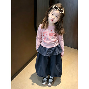 女童秋季套装26新款小童宝宝洋气粉色长袖T恤上衣藏蓝色屁帘裤子