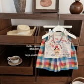 宽松 洋气背心背带扣字母卡通印花女孩宝宝彩色格纹裤 女童夏季 韩版