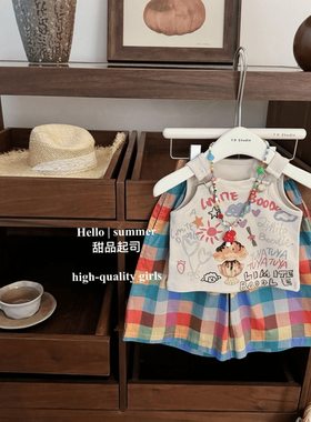 女童夏季韩版洋气背心背带扣字母卡通印花女孩宝宝彩色格纹裤宽松