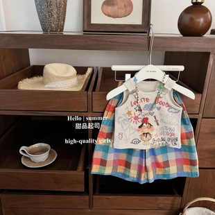 女童夏季韩版洋气背心背带扣字母卡通印花女孩宝宝彩色格纹裤宽松